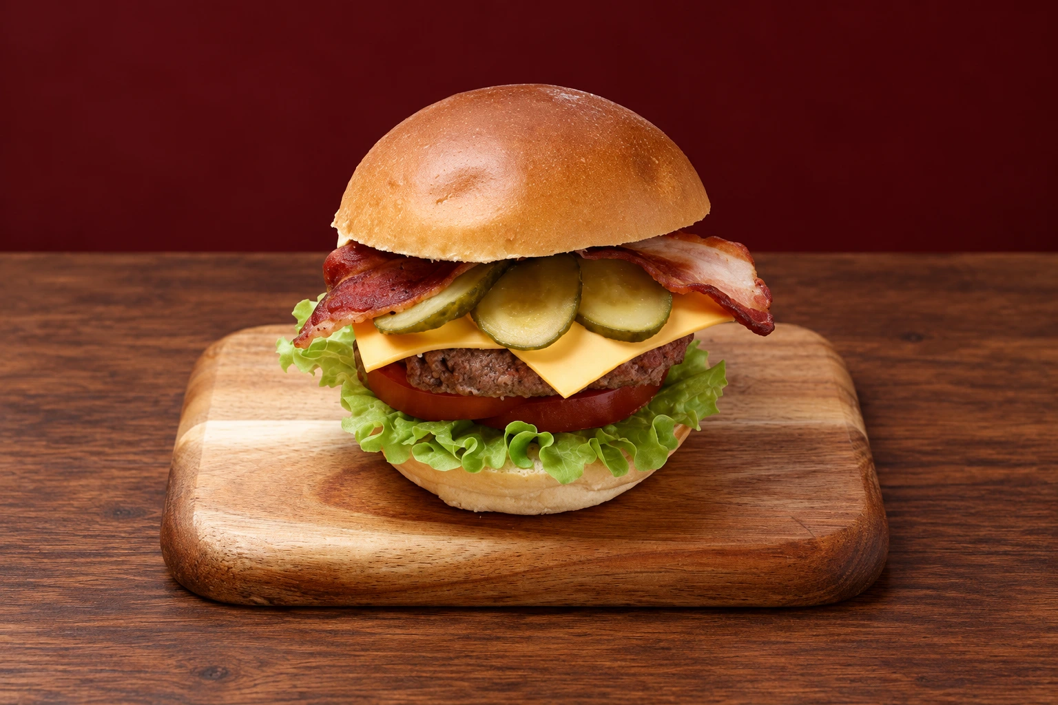 Le burger de Let’s Sandwich, présenté sur sa planche en bois