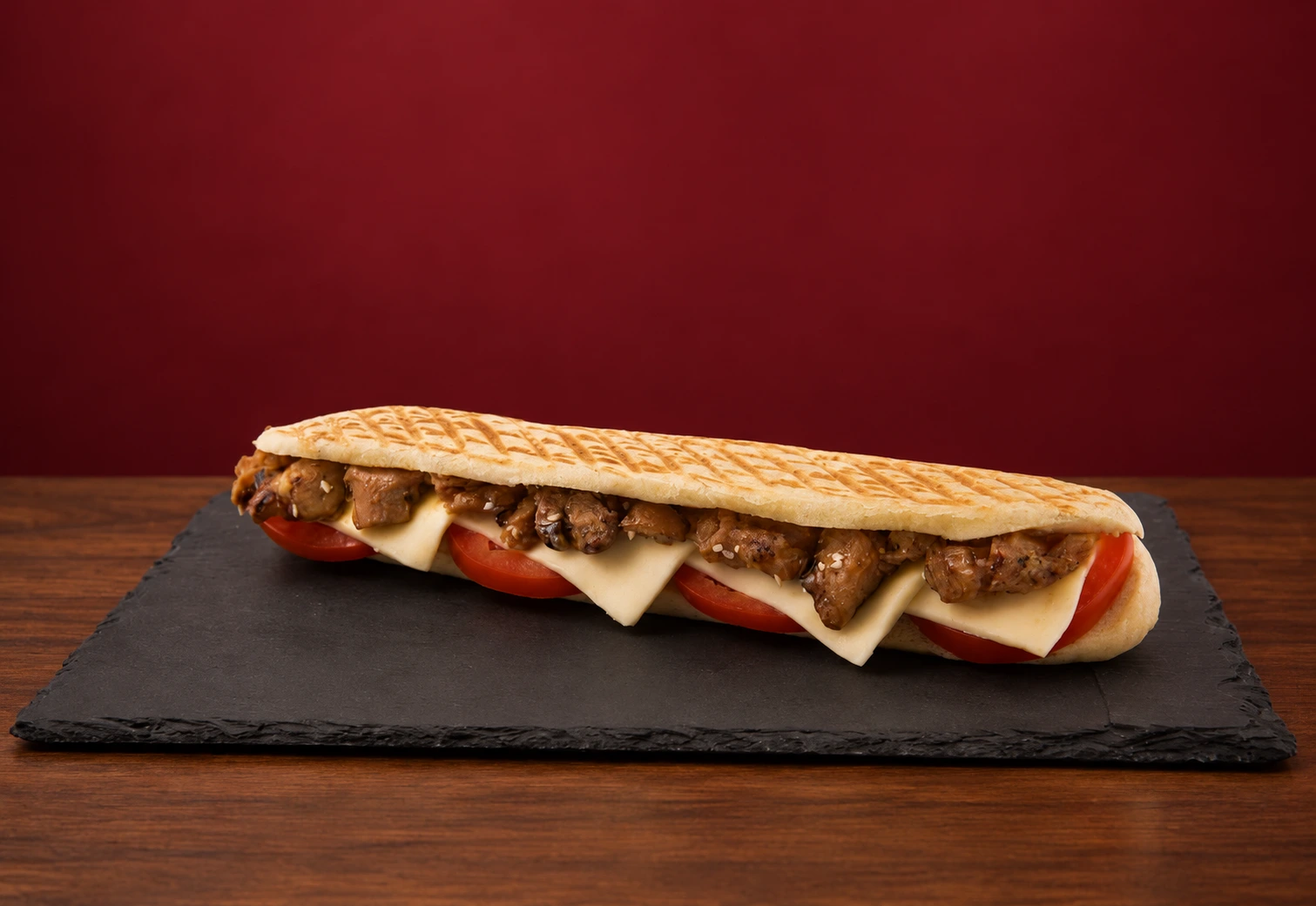 Un vrai panini de Let’s Sandwich, présenté sur une ardoise