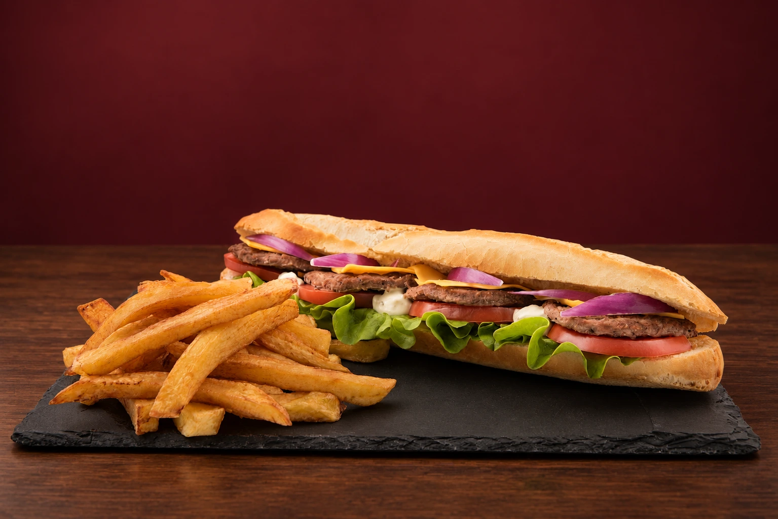 Un sandwich américain de Let’s Sandwich, photographié avec ses frites